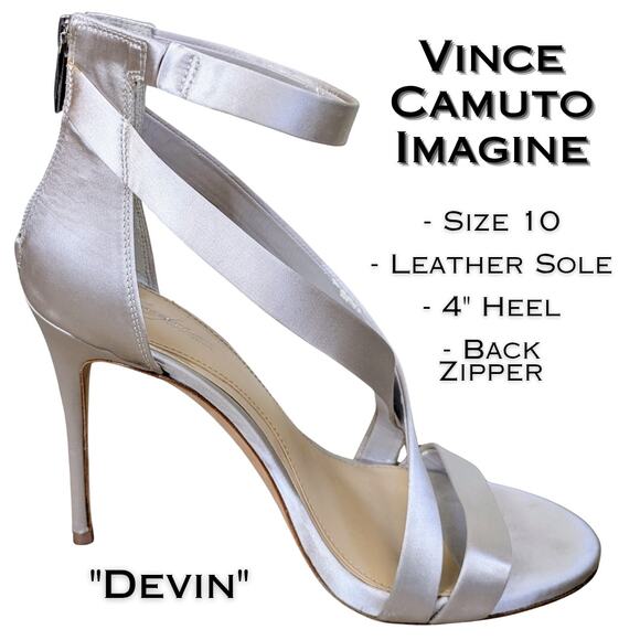 Vince Camuto Imagine Devin Heels 10 Silver Strappy Stiletto 4" Leather Fabric - Picture 1 of 12